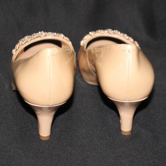Alex Marie Patent Nude Beige Rhinestone Embellished Peep Toe Heels - Picture 4 of 15